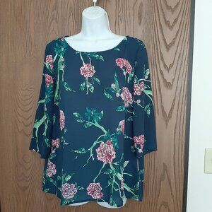 Anthropologie HD In Paris Shear Green Floral Size 10 Pink Flowers 3/4 Sleeves